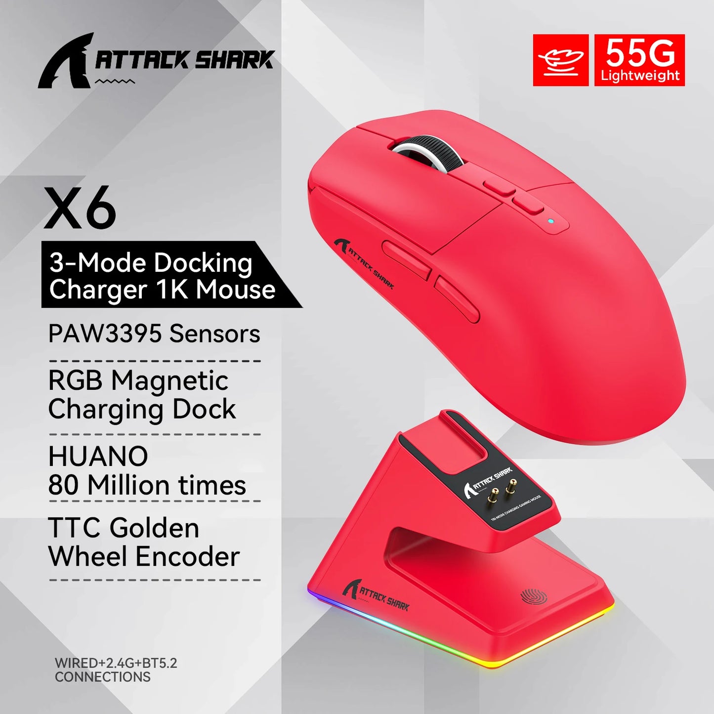 Attack Shark X6 Wireless Ergonomic Gaming Mouse Adjustable DPI Wired 2.4G/Bluetooth High Precision Rechargeable Mice