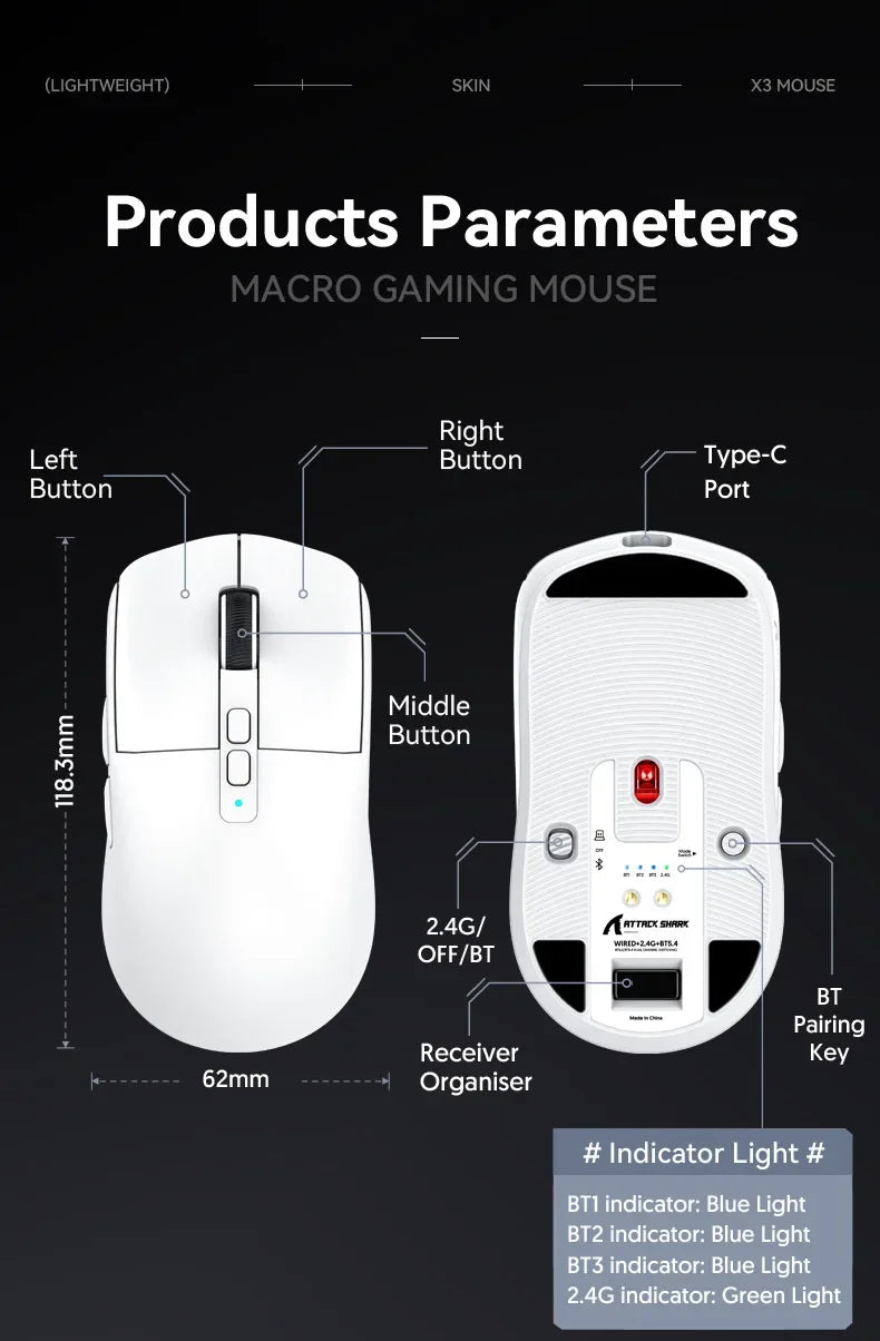 Attack Shark X6 Wireless Ergonomic Gaming Mouse Adjustable DPI Wired 2.4G/Bluetooth High Precision Rechargeable Mice