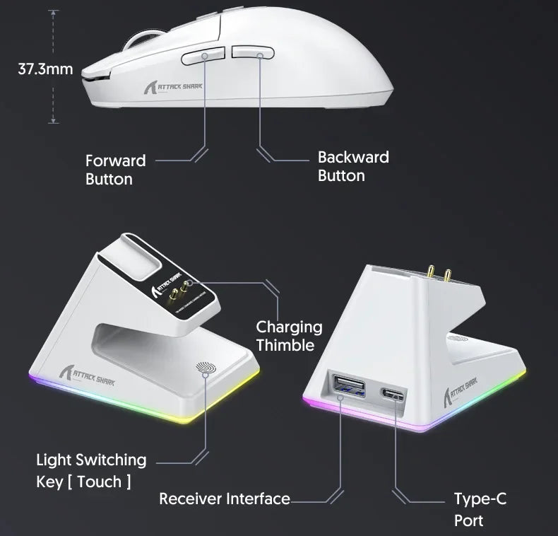 Attack Shark X6 Wireless Ergonomic Gaming Mouse Adjustable DPI Wired 2.4G/Bluetooth High Precision Rechargeable Mice